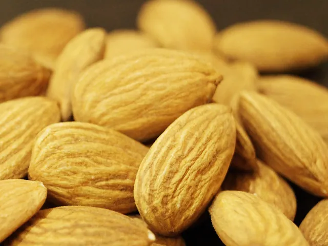 Close-up of whole shelled almond kernels