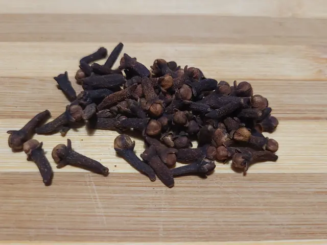 Whole dried cloves with stems and round buds on a wooden board